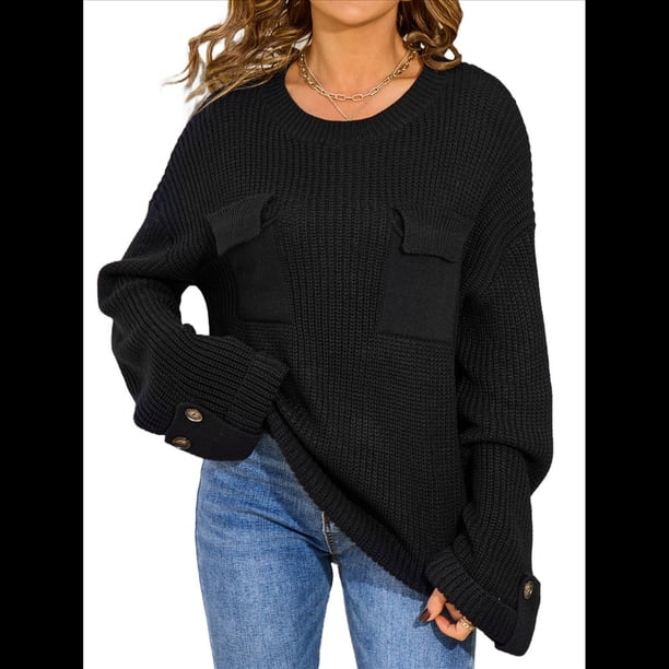 Blusas de Punto para Mujer 2025, Suéter de Cuello Redondo de Larga Extragrande, Blusas Informales de Negocios, Suéter Básico. Negro M
