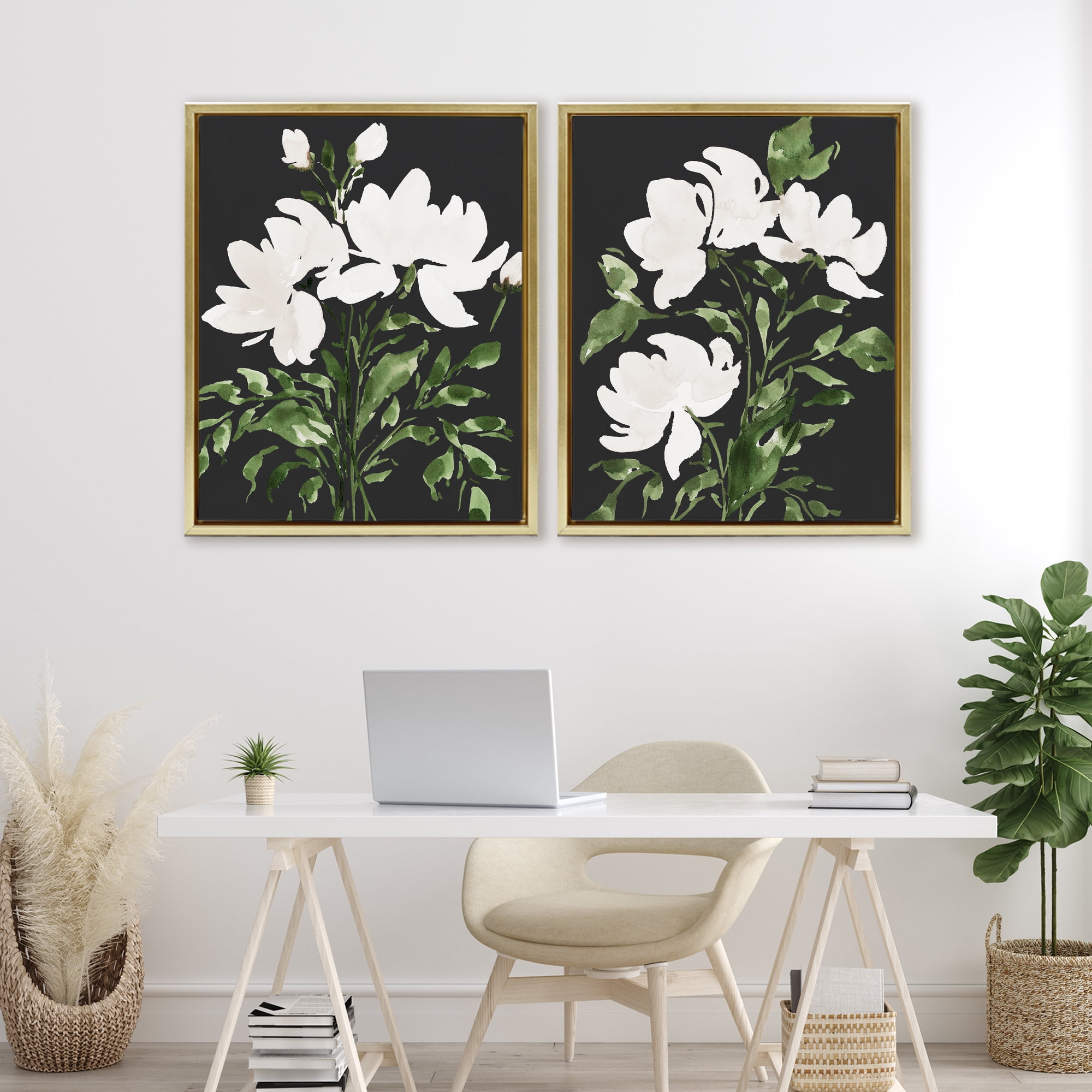 Stupell Industries White On Black Blooms 2 Piece Gold Framed Floater Canvas Set, design by Lucille Price