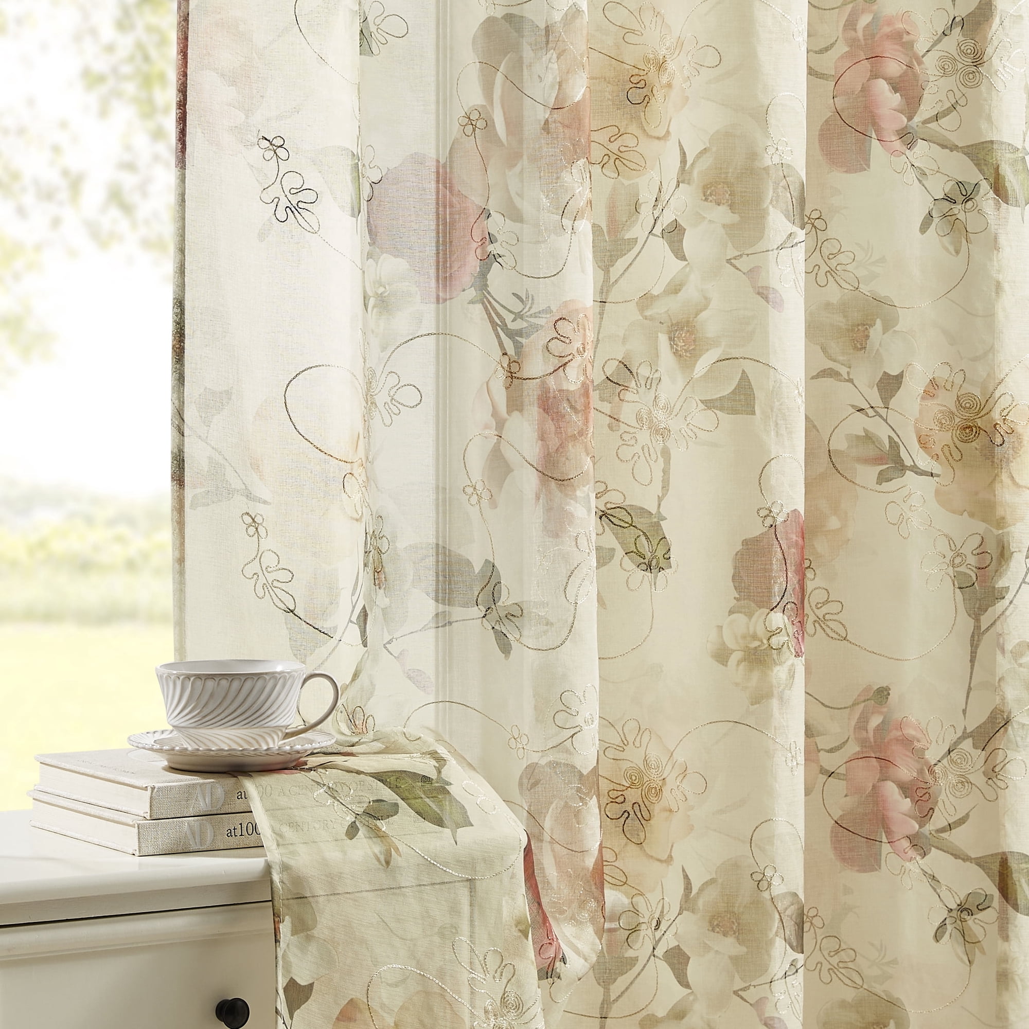 Muuphra Farmhouse Red Floral Printed&Embroidered Semi Sheer Curtain Rod Pocket Flower Pattern Curtain for Bedroom Livingroom,2 Panels,Red,52×63"