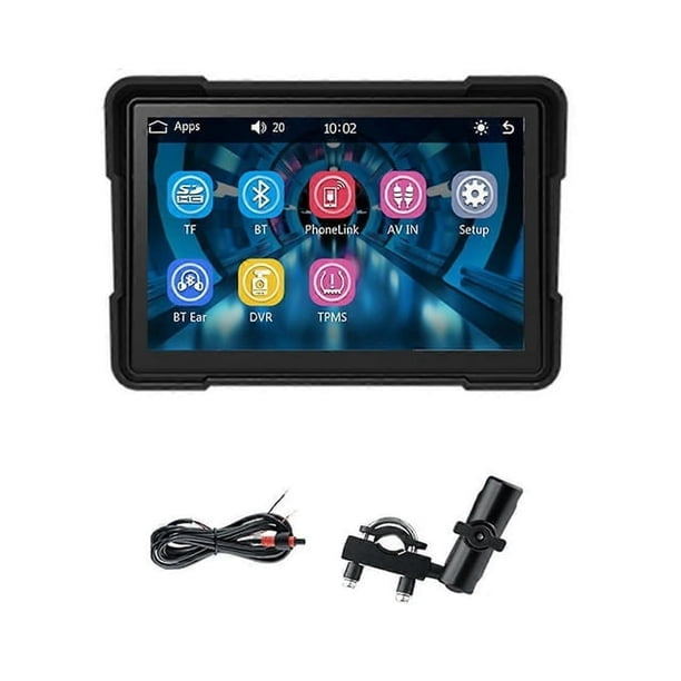 Reproductor MP5 portátil Bluetooth de 5 pulgadas para motocicleta con navegación GPS, resistente al agua IP67, compatible con CarPlay y Android Auto.