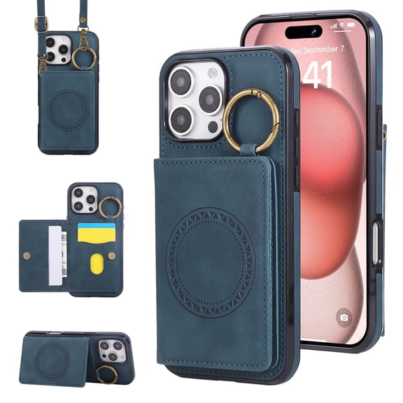 Allytechgroup Built-in Grip Ring Faux Leather Hard Shell Wallet Cell Phone Case with Accessories Included for Apple iPhone 11 Pro, Blue
