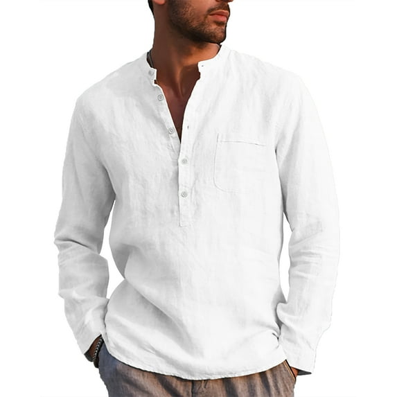 LVCBL Men's Henley Shirt Cotton Blend Love Sleeve Summer Grandad Collars Casual Beach White 2XL