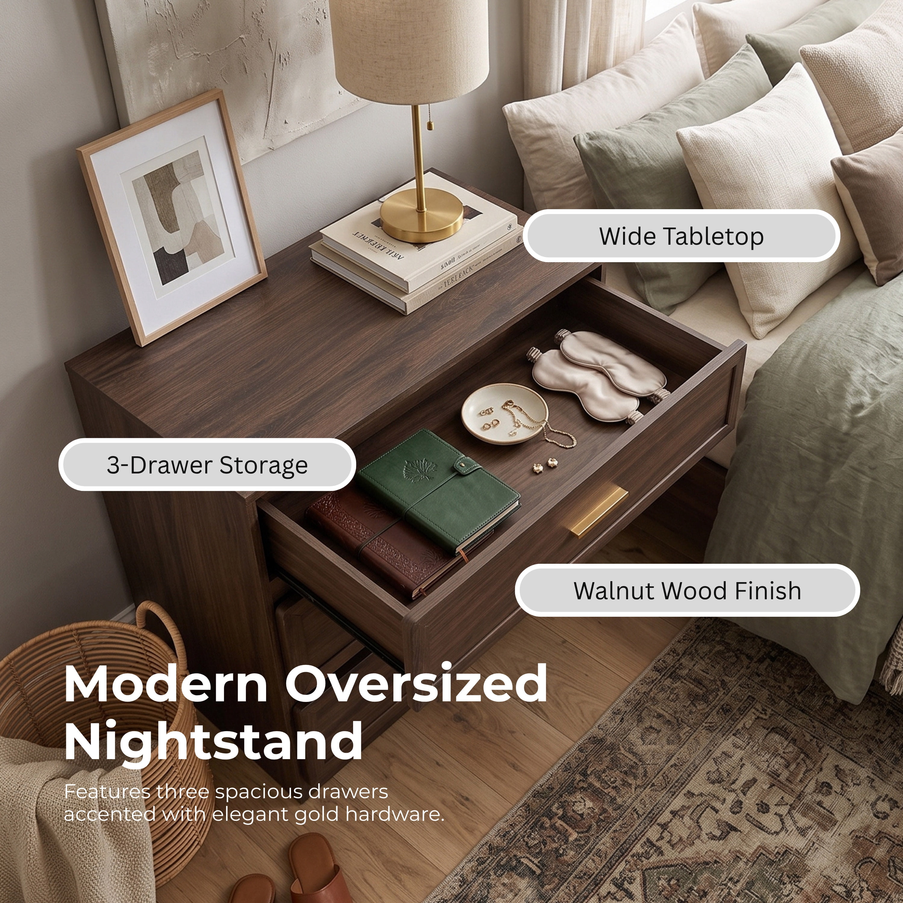Furniture of America Rivor Modern Wood 3-Drawer Tall Nightstand, Walnut