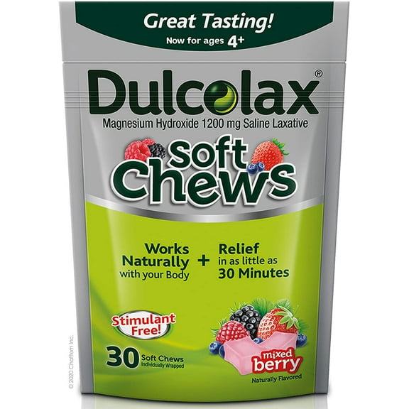 Dulcolax Soft Chews Saline Laxative Mixed Berry (30ct) Gentle Constipation Relief, Magnesium Hydroxide 1200mg