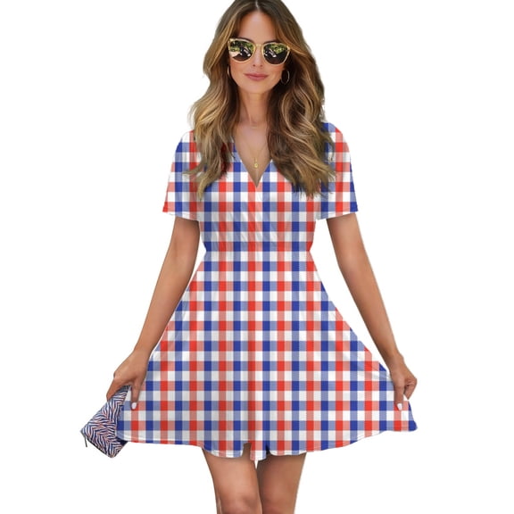 White Red Blue Tartan Plaid Women Dress V-Neck Short Sleeve Flowy Swing Party Midi Dress
