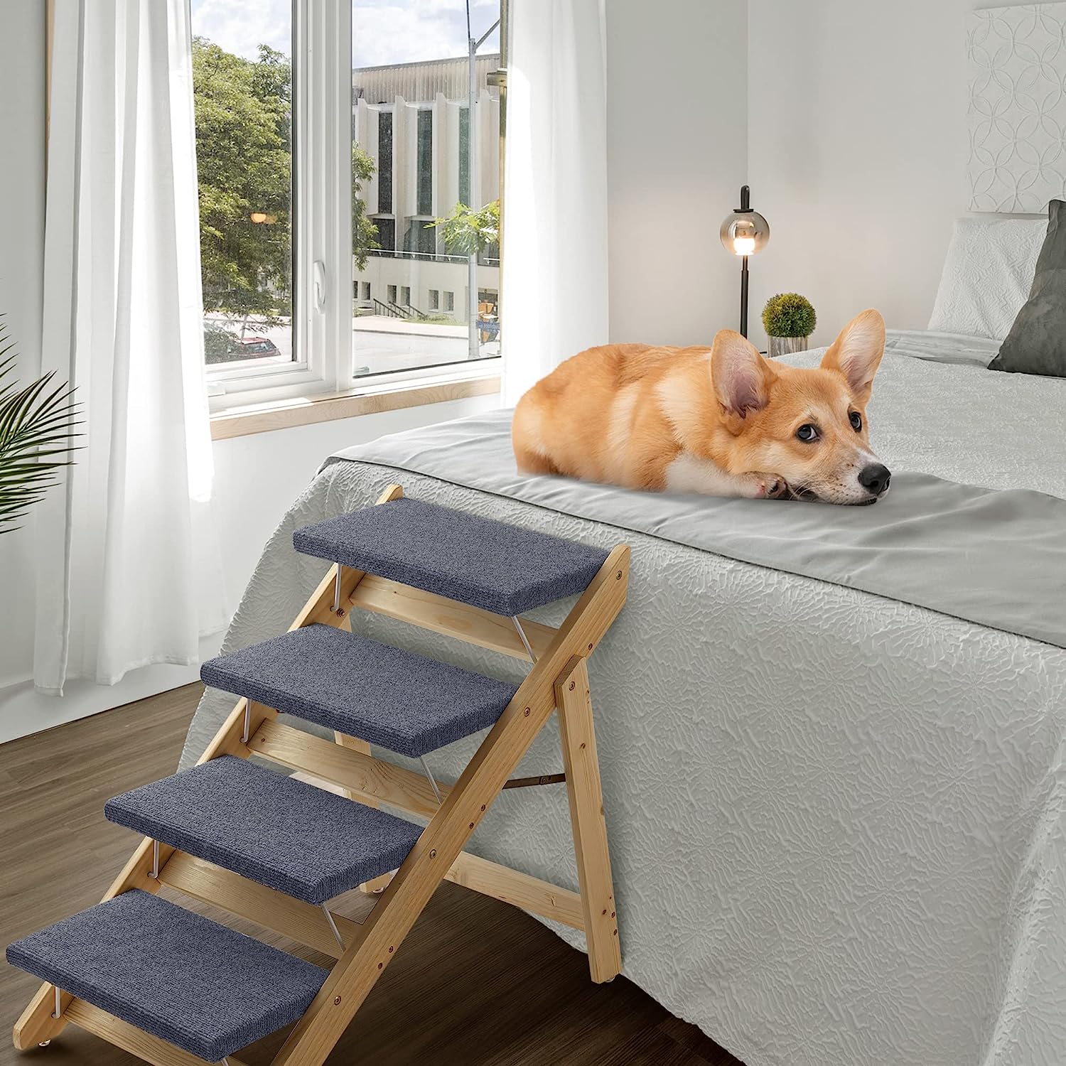 DAWNSPACES Pet Stairs, Wood Foldable Dog Stairs Ramps, Wooden Portable