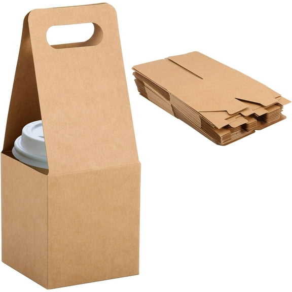 40Pcs Drink Carrier with Handles Kraft Paper Box for Drink Holder Beverage Holder Foldable drink holders for Coffee Smoothie Restaurants Food Delivery 9.5x3.5x3.5inch