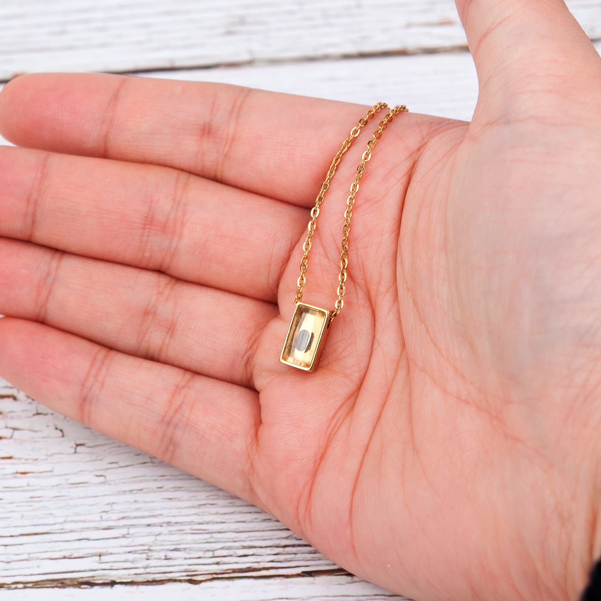 Anavia See You Cremation Necklace for Ashes, Mini See Through Urn Necklace, Mini Cube Cremation Pendant, Cremation Jewelry, Memorial Jewelry, Mini Urn-[Gold]