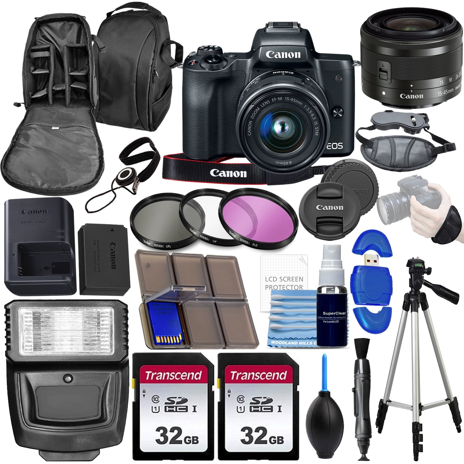 Canon EOS M50 Mirrorless Digital Camera with EF-M 15-45mm Lens Kit (Black) 4K Video with 64gb Memory + Flash +Tripod + Advanced Photo Video Bundle