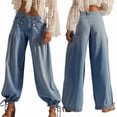 thumbnail image 3 of Pantalones Vaqueros Casuales de Mujer, Holgados, de Tiro Medio y Pierna , con Pliegues Lavados Azul L, 3 of 8