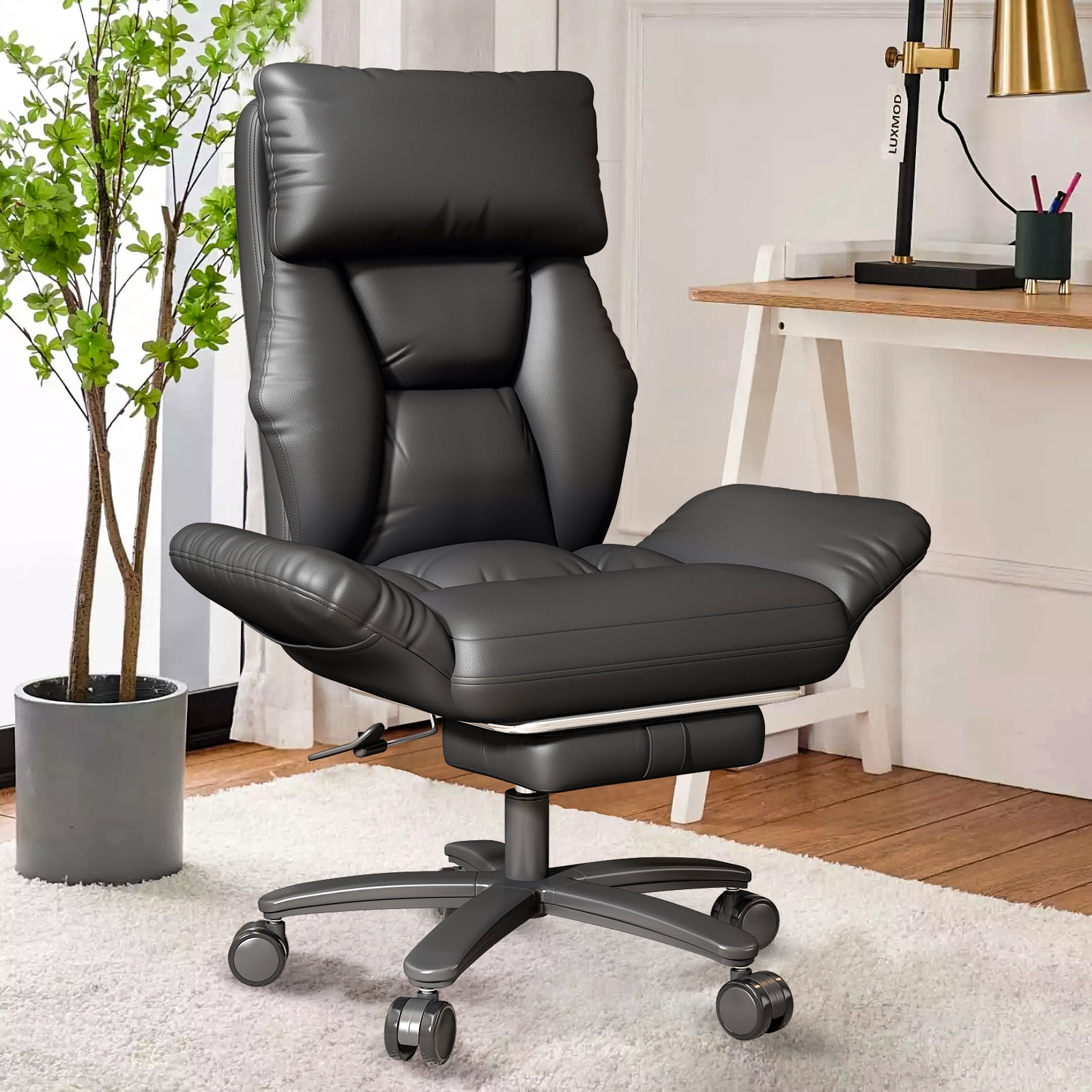 iooHug Criss Cross Office Chair, Big and Tall 500lbs High Back Faux Leather Desk Chair with Footrest, Wide Seat Cross-Legged Reclining Chair with Reversible Armrests and Lumbar Support, Black