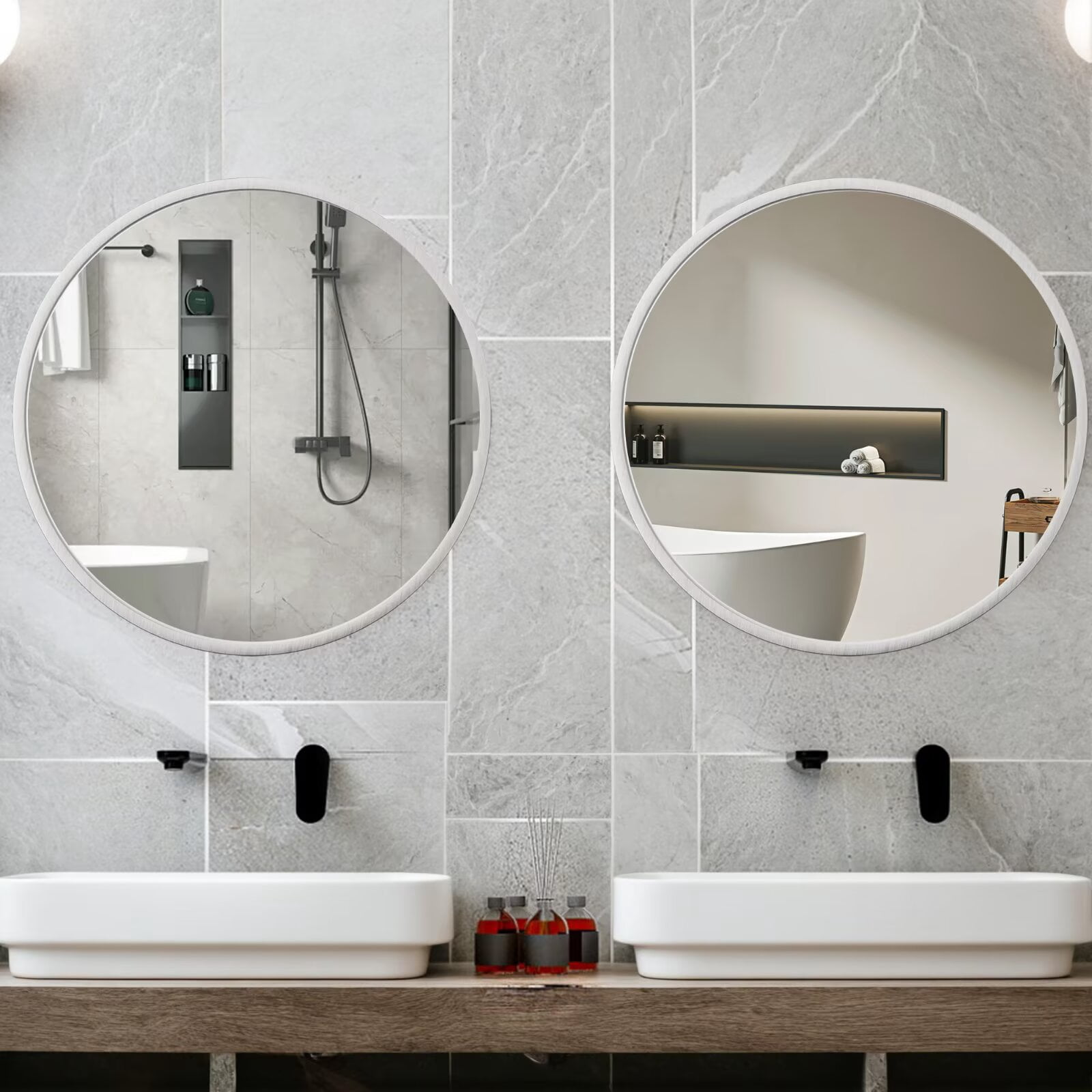 24 Inch Bathroom Mirror, Wall Mounted Round Mirror with Brushed Sliver Aluminum Frame, Modern Circle Hanging Mirror for Bathroom, Living Room