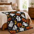 thumbnail image 6 of Cute Halloween Ghosts with Pumpkins Moons Stars and Spiderwebs, Playful Black Kawaii Art, Happy Pumpkin Motif Cozy Flannel Blanket, Halloween Gift for Kids Room Home Decor, 6 of 8