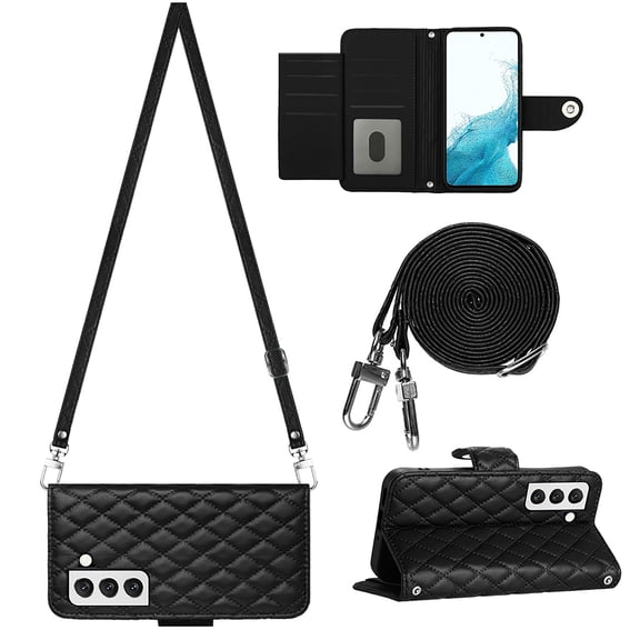 Allytech Wallet Case for Samsung Galaxy S23 with Card Cash Slots, Luxury Premium PU Leather Kickstand Shoulder Strap Lanyard Shockproof Anti-Fall Full Body Protective Flip Shell - Black