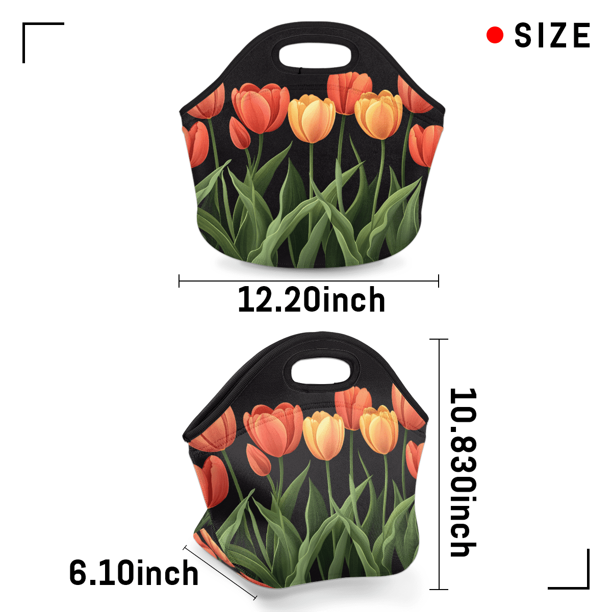Herdesigns Floral Insulated Lunch Bag Neoprene Lunch Box for Women Men Soft Cooler Bag Tulip Flower Washable Lunch Tote for Work Outdoor Picnic