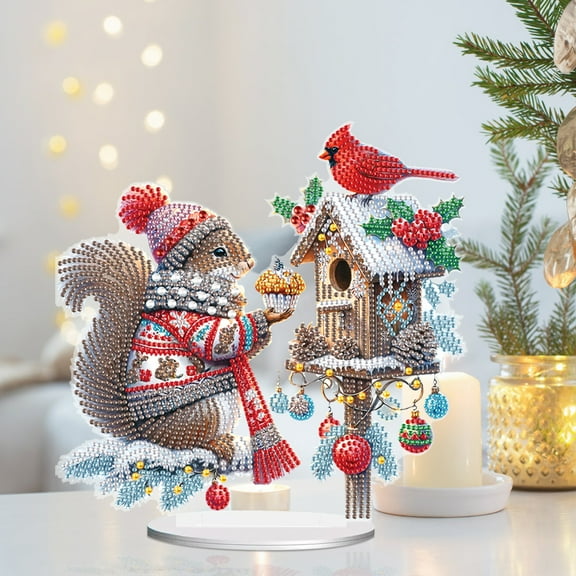 Tabletop Diamond Art Painting Kit, Squirrel House with Food DIY Tabletop Ornament Decoration, Acrylic Special Shape Diamond Art for Home Decor Ornaments and Gifts