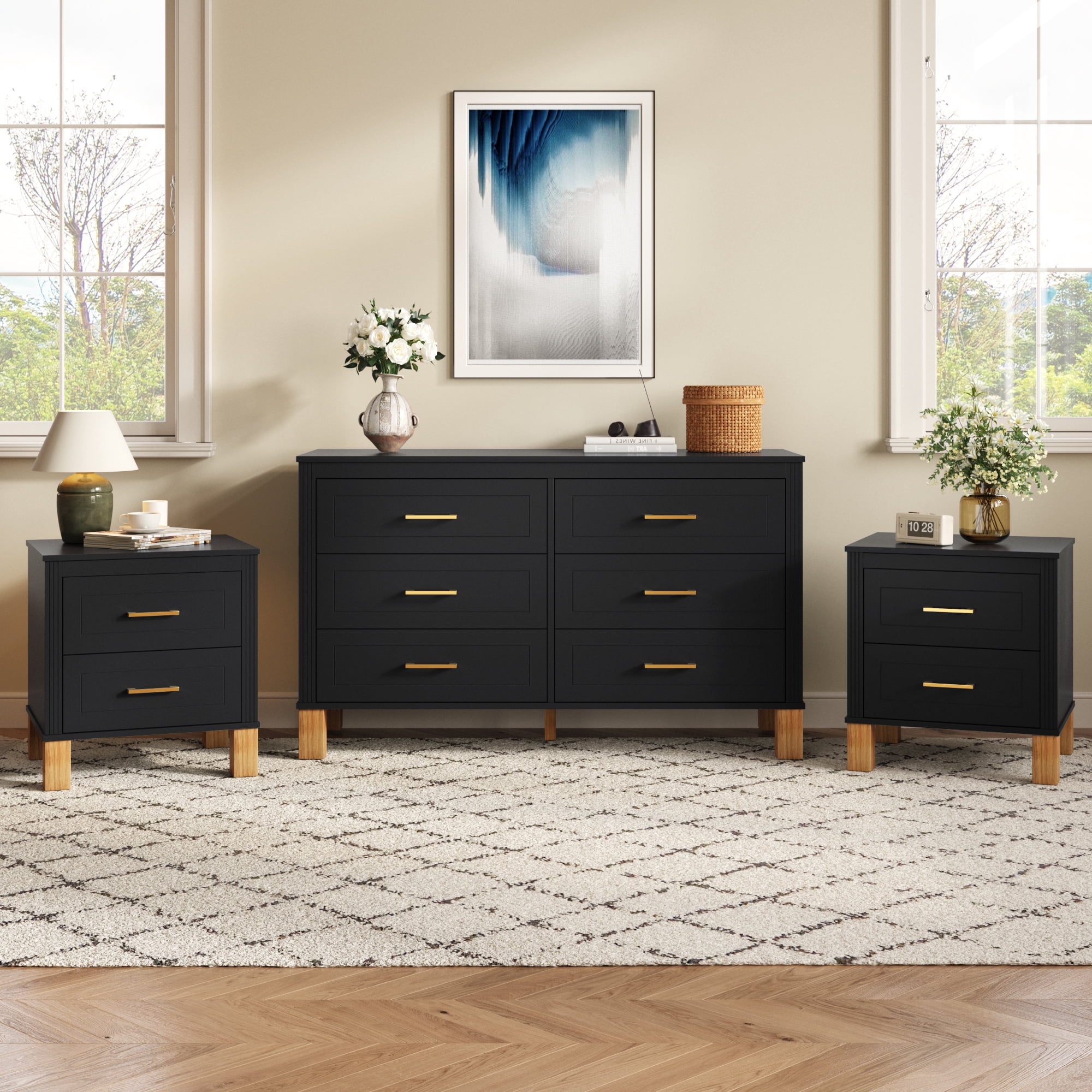 2 Drawer Nightstand, Fluted Design Bedside Table with Solid Wood Legs & Metal Handles, MDF Frame Storage Cabinet, Tall End Table for Bedroom Living Room