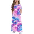 thumbnail image 2 of SGFCWSX Girls Short Sleeve Maxi Dress Kids Crewneck Floral Print Casual Dress with Pockets for Spring Summer Everyday Wear Multicolor Size 10-11 Years, 2 of 3