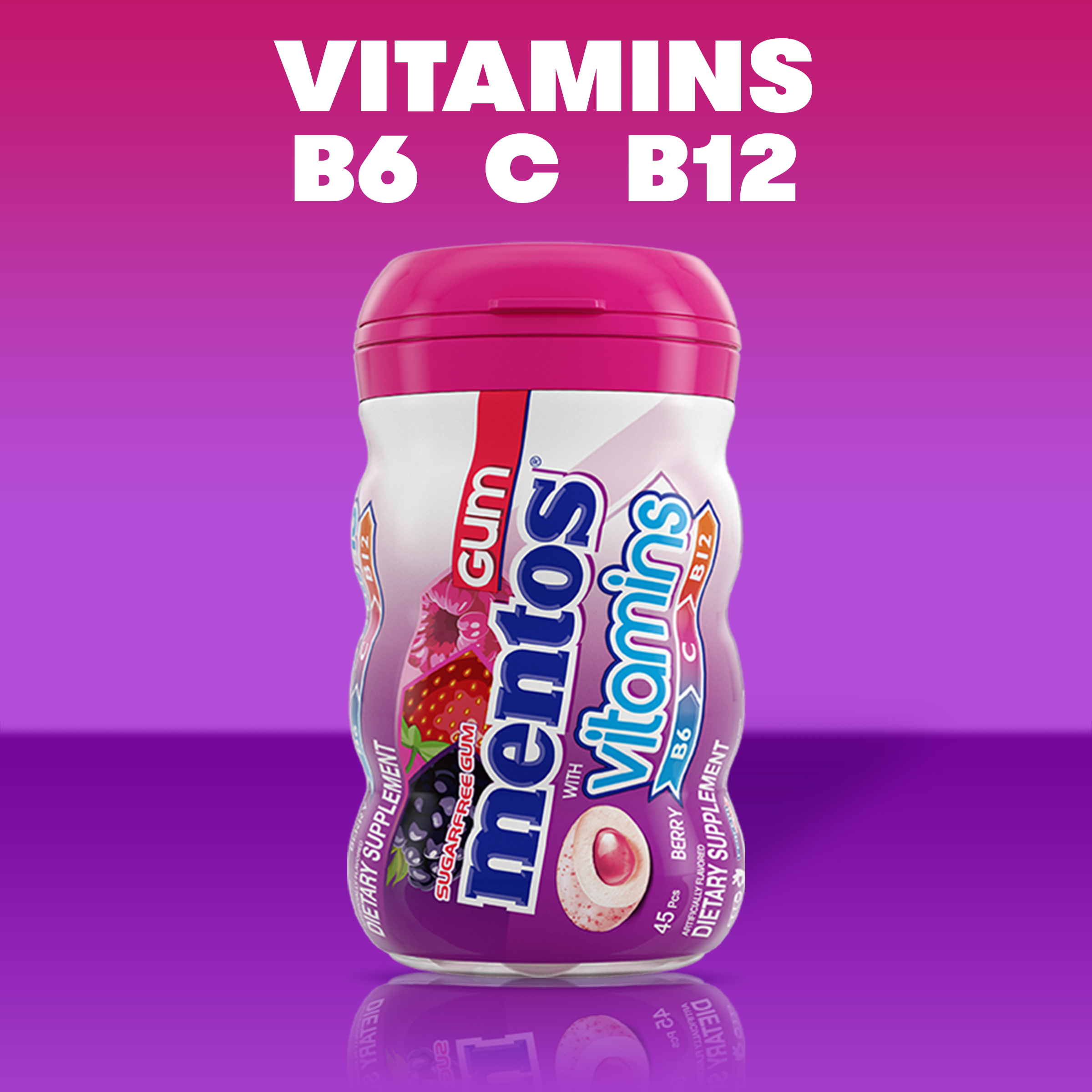 Mentos Sugar Free Chewing Gum with Vitamins B6, C and B12, Berry, 45 Regular Size Piece Bottle - image 4 of 6