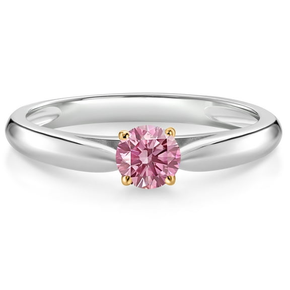 Gem Stone King 10K White and Yellow Gold Pink Lab Grown Diamond Solitaire Engagement Ring for Women (0.25 Cttw, Gemstone April Birthstone, Round 4MM, Size 5)
