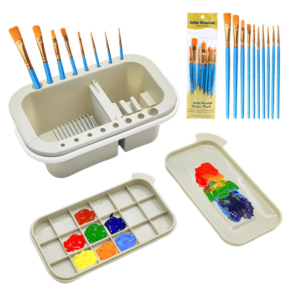 Paint Brush Cleaner & Holder with 10pcs Paint Brushes, Palette Perfect for Acrylic, Watercolor, Water Based Paints