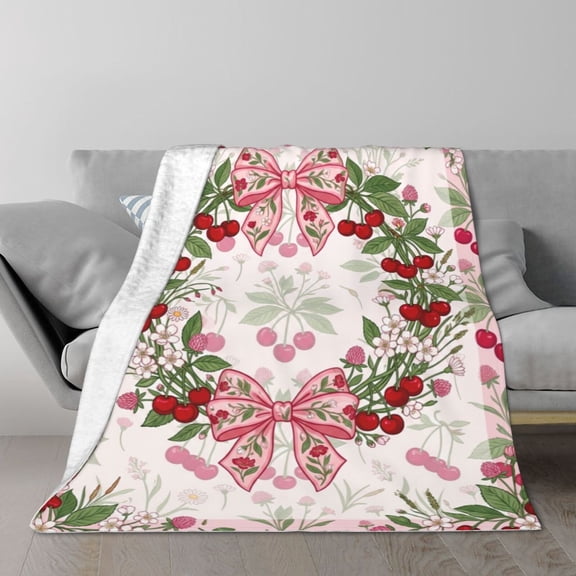 Coquette Blanket Pink Bow Cherry Pattern Preppy Cute Bedding Throw, Festive Christmas Holiday Room Decor 50x40