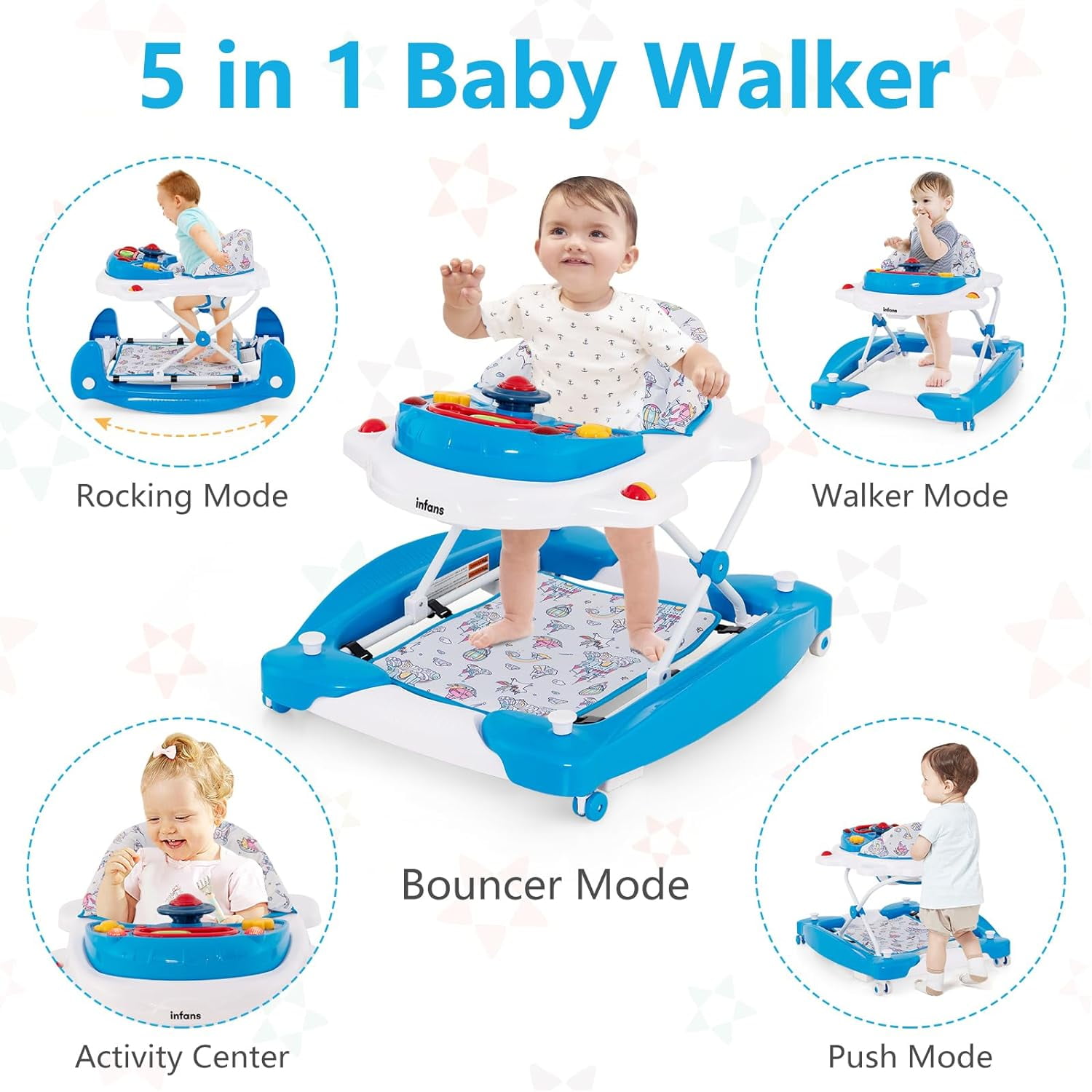 INFANS Baby Walker, 6 in 1 Behind Walker Learning Seated Rocker Bouncer with Removable Music Tray, Adjustable Height, Washable Seat Cushion, Foldable Activity Center for Toddlers
