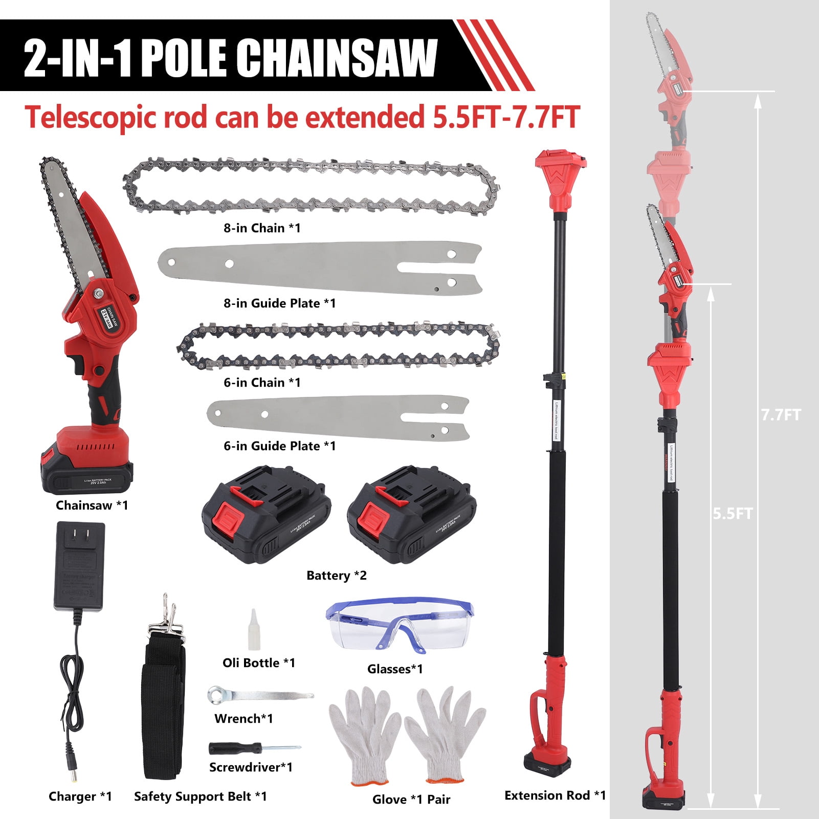 2-in-1 Brushless Cordless Pole Saw,6+8in Mini Chainsaw & Pole Saw with 2pcs 2.0A Batteries, 13.6ft Max Reach Brach Tree Saw Telescoping Extension Rod for Wood Tree Trimming Wood Cutting,Red