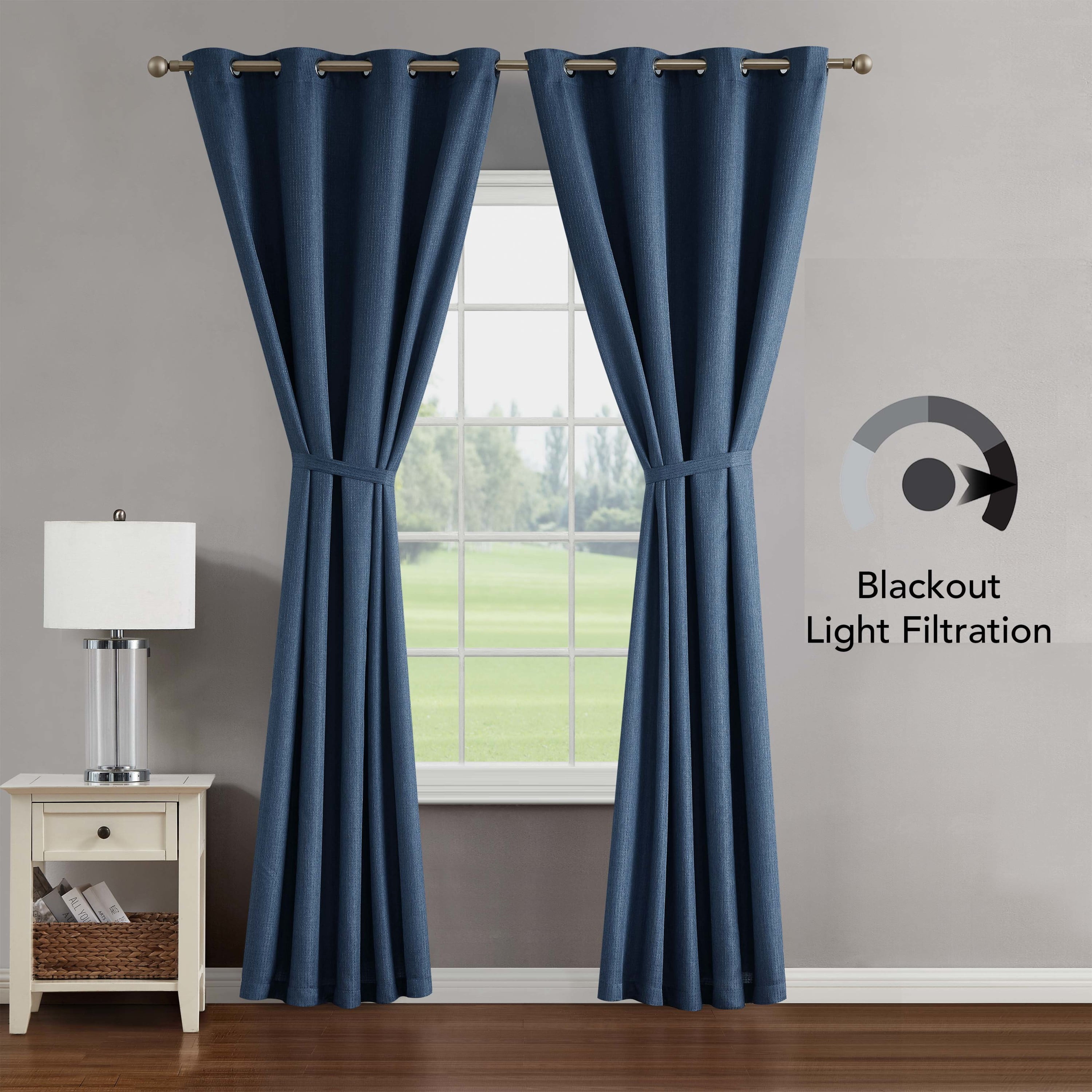 Chyna Blackout Window Curtain Panels with Tiebacks, Grommet, Blue, 50" x 108"