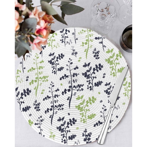 13 Inch Round Placemats Set of 6, Grey Green Botanical Non Slip Heat Insulation PP Table Mats, Watercolor Spring Floral Summer Leaf Washable Place Mats for Kitchen Dining Party Table Decor