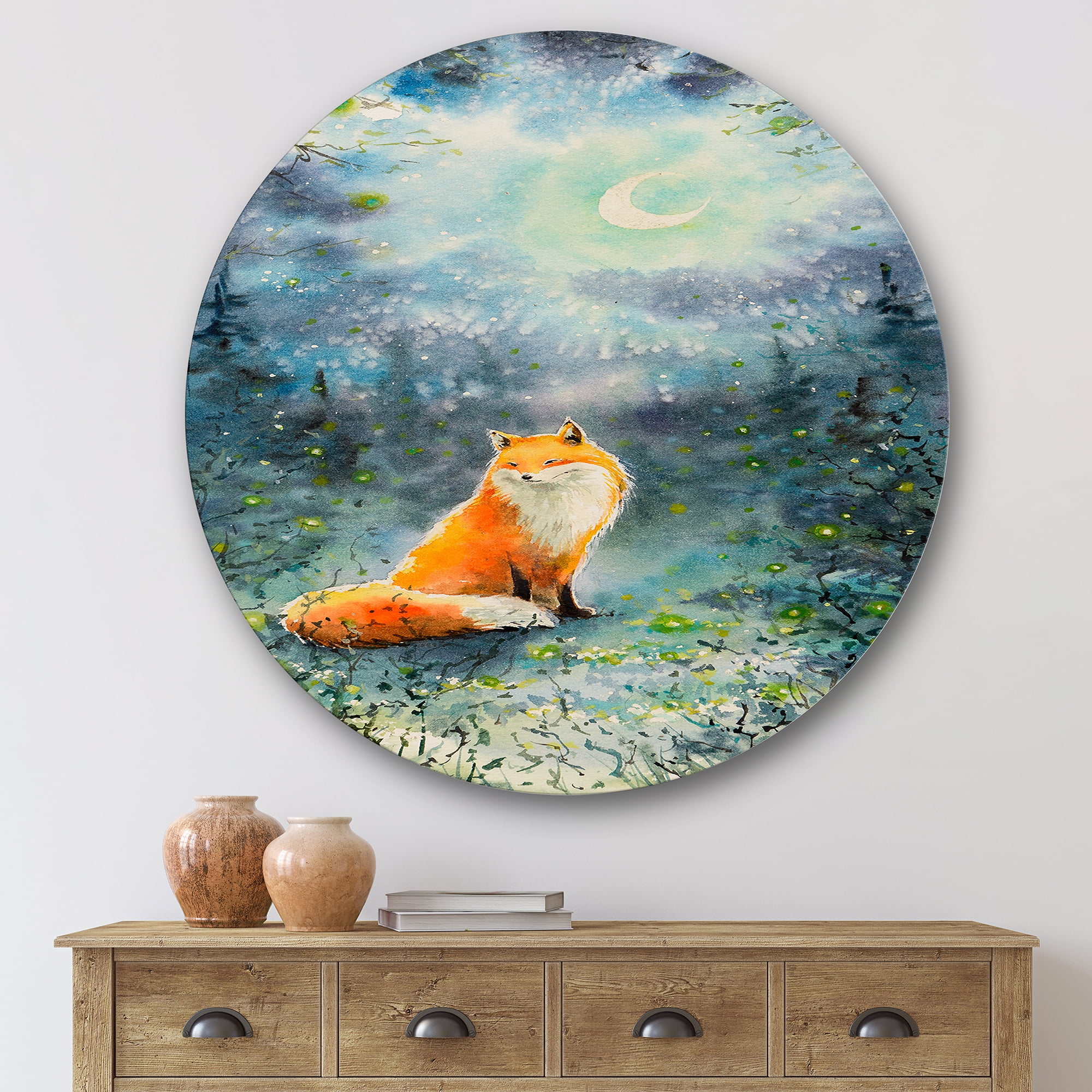 Designart 'Fox Over A Night Sky With Moon' Children's Art Circle Metal Wall Art 29x29 - Disc of 29