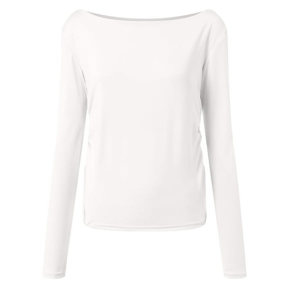 kaprioy Womens Boat Neck Tops Casual Fitted Tee Shirts Solid Color Fall Basic Clothes Long Sleeve Shirts White, S