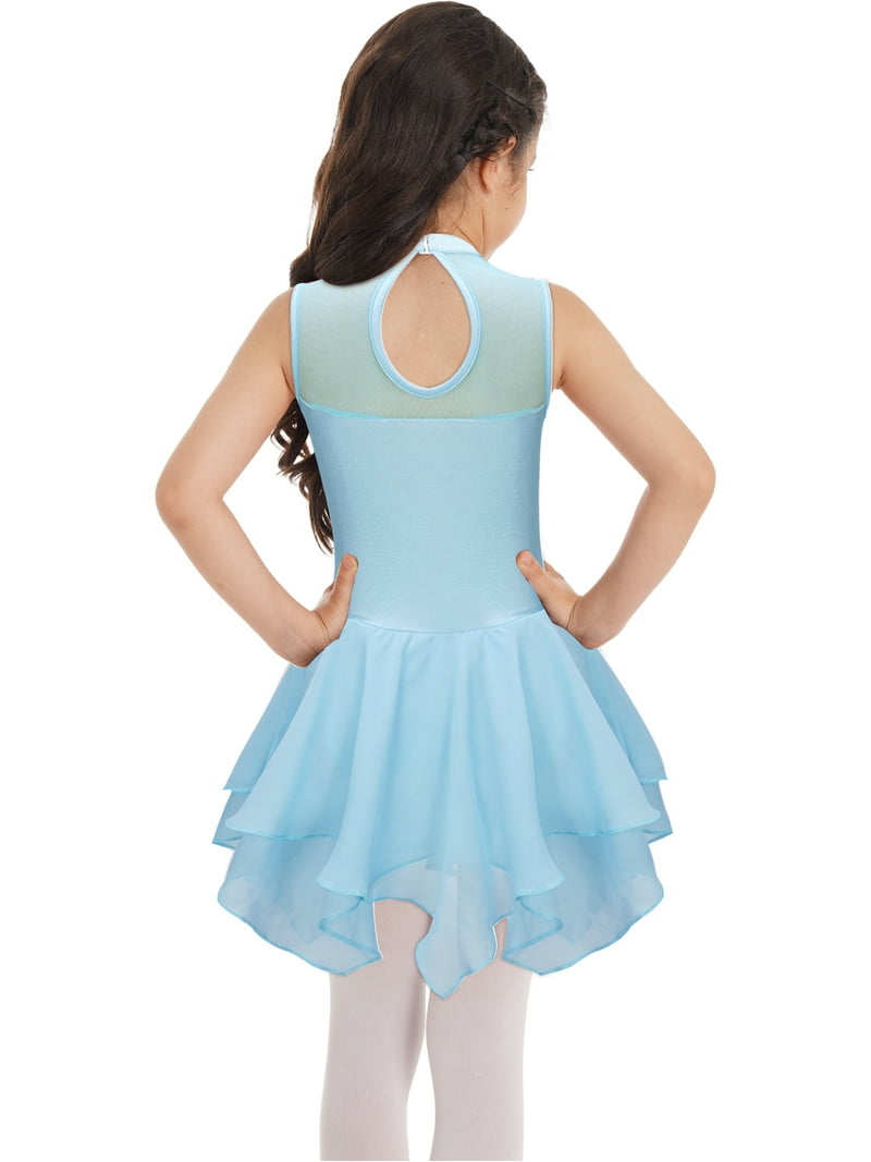 Haitryli Kids Girls Figure Ice Skating Dress Sleeveless Turtleneck Ballet Dance Dress Dancewear Light Blue 12