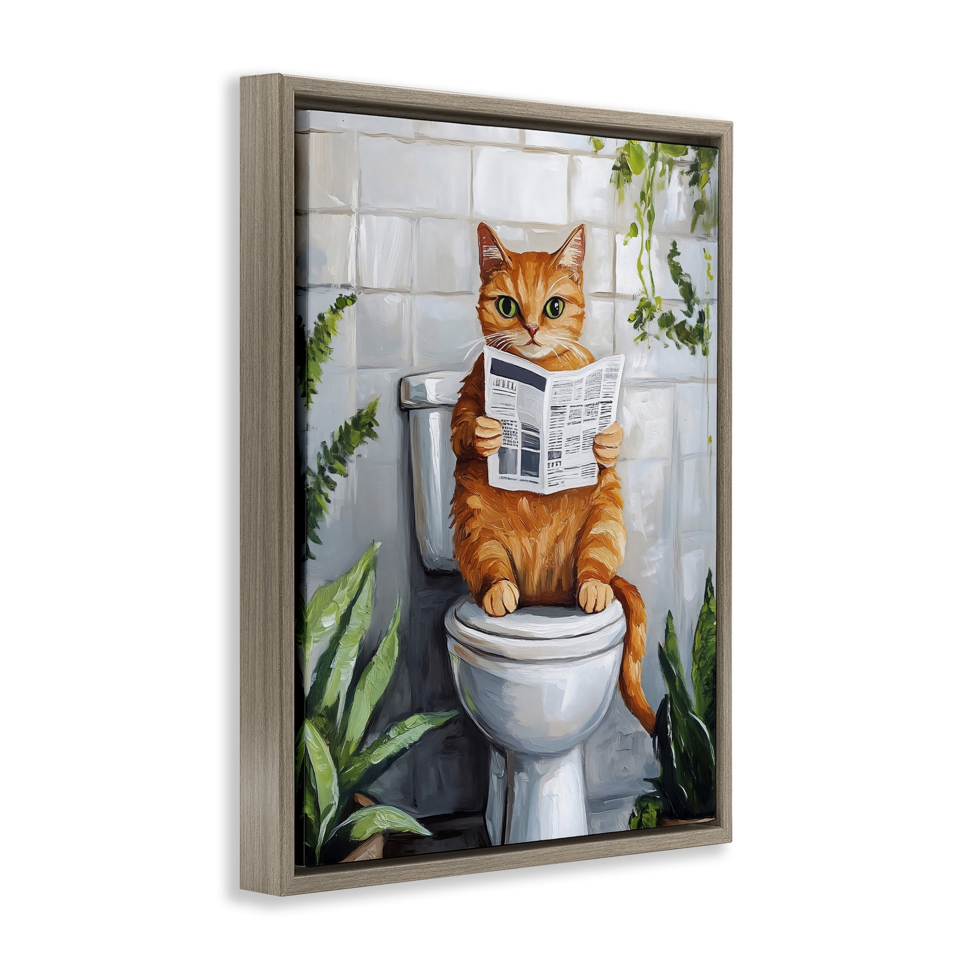Stupell Industries Orange Cat Reading Paper Brown Framed Floater Canvas Wall Art, design by The Prints Vibe