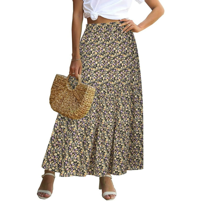 Yuwull Tiered Skirt Ruffle Maxi Skirt High Skirt Vintage Summer Beach Long Elegant Skirt Purple - Walmart.com