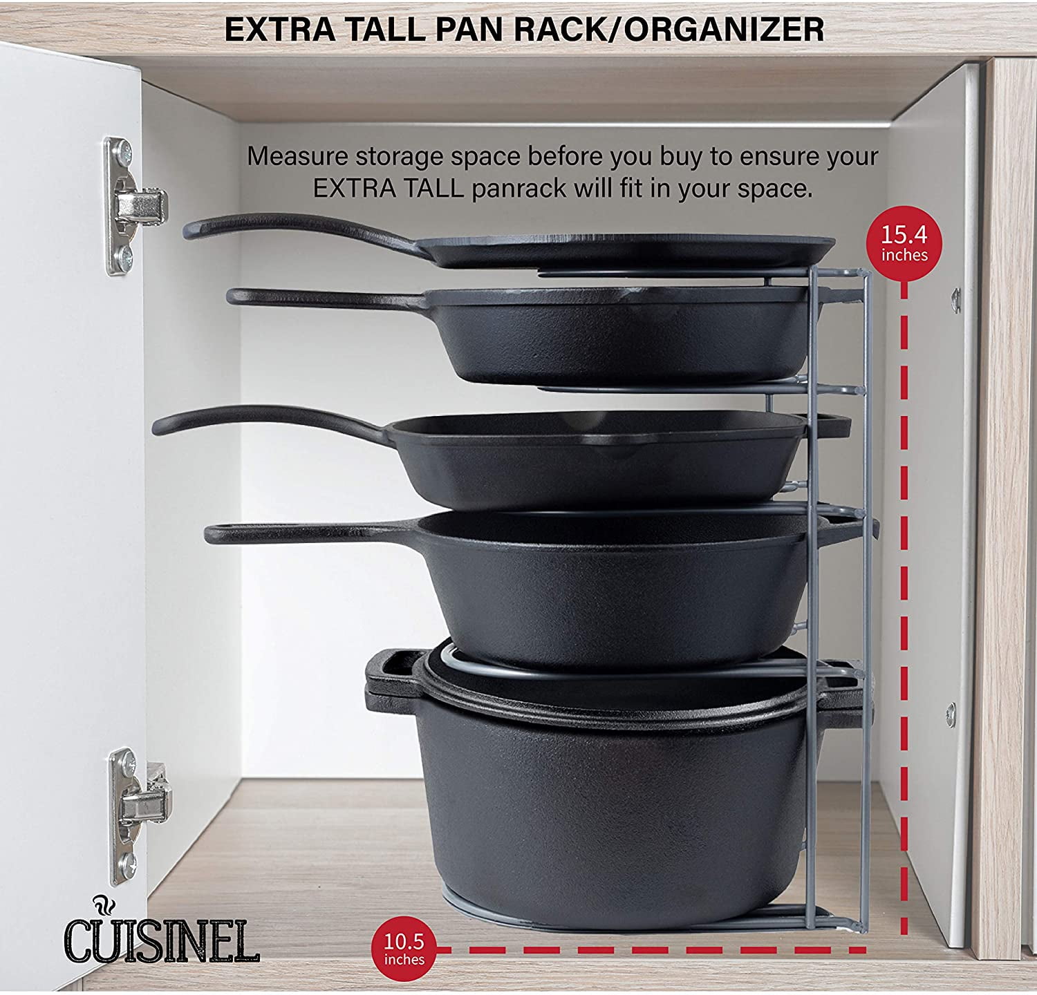 Griddles and Shallow Pots Durable Steel Construction 5 Tier Rack Holds Cast Iron Skillets cuisinel Heavy Duty Pan Organizer Space Saving Kitchen Storage Black 