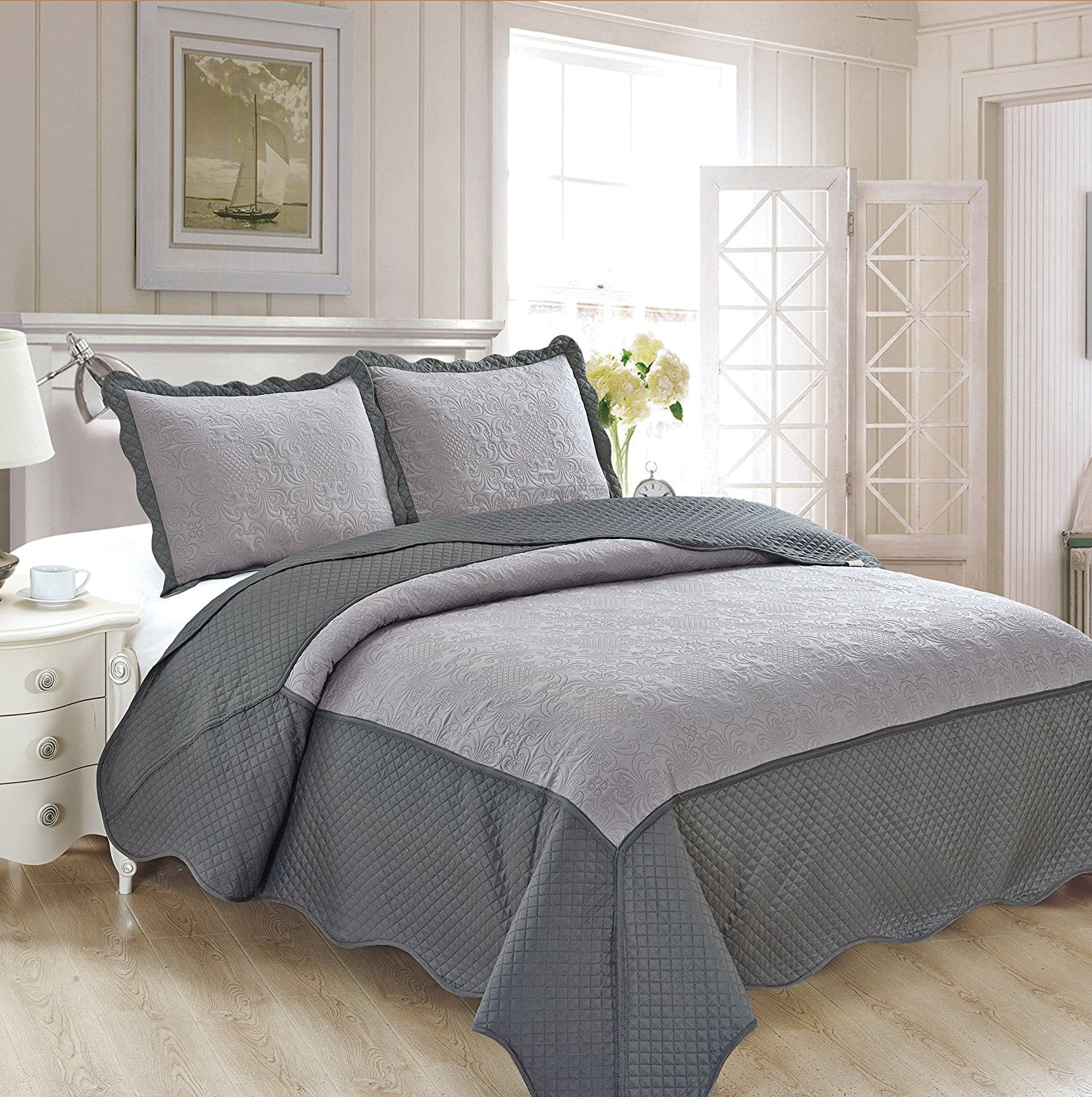 Fancy Collection 3pc Luxury Bedspread Coverlet Embossed Bed Cover Solid Taupe 