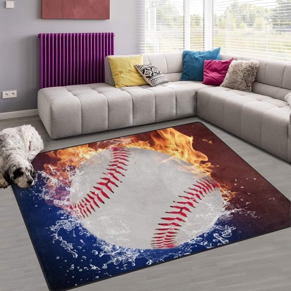 FREEAM Sport Area Rug 2'x3', Fire and Water Baseball Ball Polyester Area Rug Mat for Living Dining Dorm Room Bedroom Home Decorative
