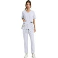 thumbnail image 6 of HKYNLAG Scrub Sets for Woman Solid Color V-Neck Short Sleeve Long Pants Nurse Uniform with Pock White M, 6 of 7