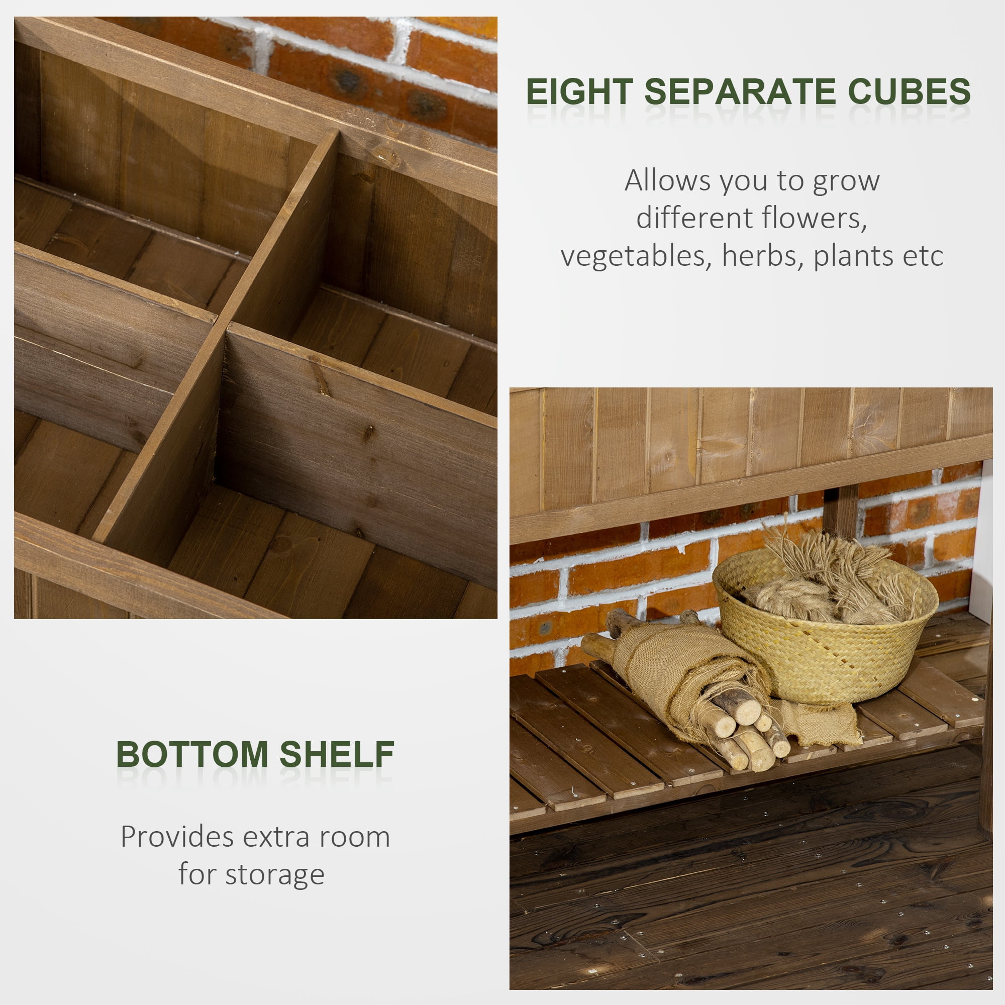 Raised Garden Bed with 8 Pockets and Shelf, Wooden Elevated Planter Box with Legs to Grow Herbs, Vegetables, and Flowers, Dark Brown 43x18x30"