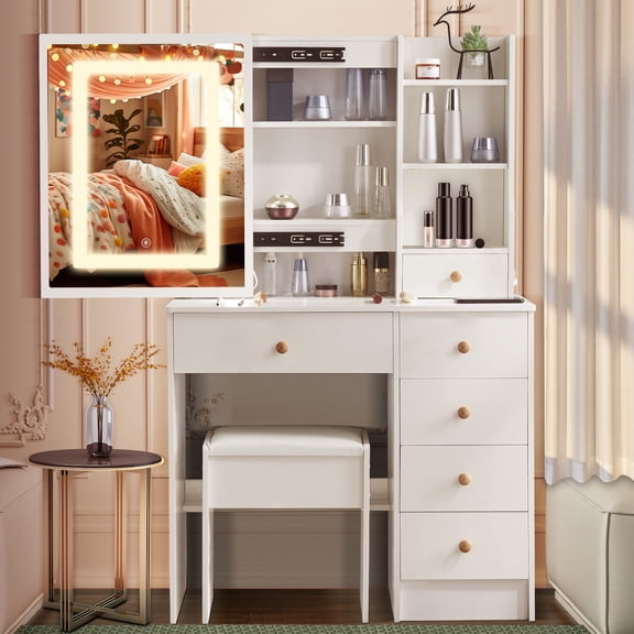 Caulitar Vanity Desk with Lighted Sliding Mirror, Makeup Vanity Set with 6 Drawers and Stool, 3 Color Modes & Adjustable Brightness White Vanity
