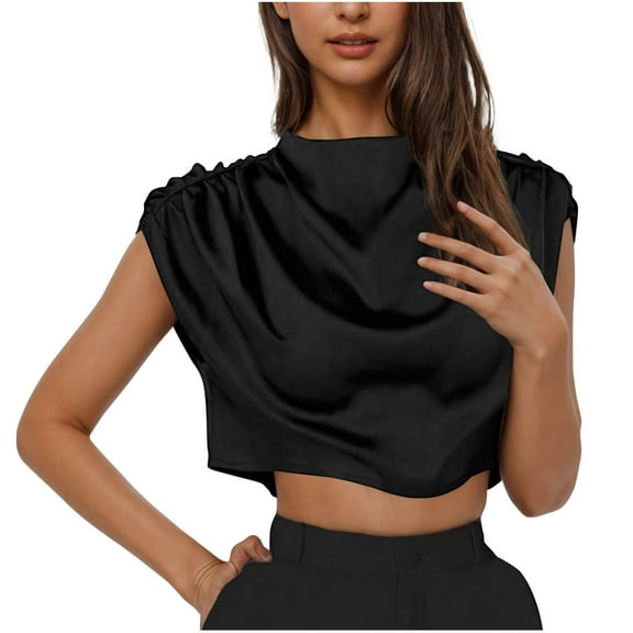 Hot days, bold styles Olyvenn Women's Crop Tops Satin Ruched Blouses Mock Neck Summer Fashion Cap Sleeve Loose Elegant Shirts Work Office Tops Black S