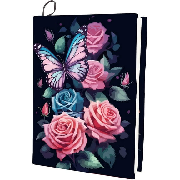 Rose Stretchable Book Cover Flower Butterfly Washable Reusable Large Nylon Cloth Elastic Polyester Book Cover Protector 9.4x15.7 Inch Notebook Wraps Suitable for Most Hardcover Books DIY