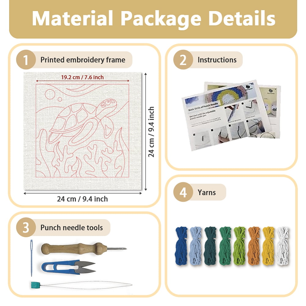 Polyester Cotton Punch Needle 4Folded Yarns Embroidery Kits Included Threader Cotton Thread Punch Needle Thread Clips 3.5MM Wooden Needle Turtle