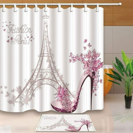 - BPBOP Fashion Girl Decor Paris Eiffel Tower with High Heels Shower Curtain 66x72 inches with Floor Doormat Bath Rugs 15.7x23.6 inches