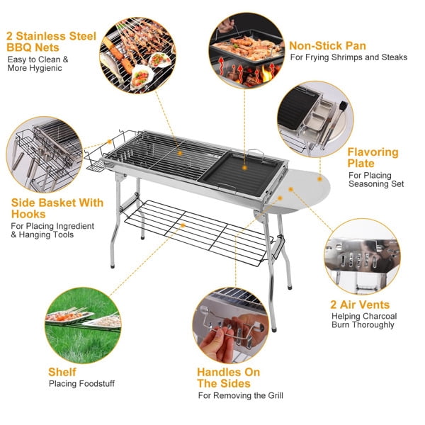 16.7x10x17.7in Portable Charcoal Grill Foldable BBQ Suitcase Grill Shelf For Outdoor Camping Picnics Garden Grilling