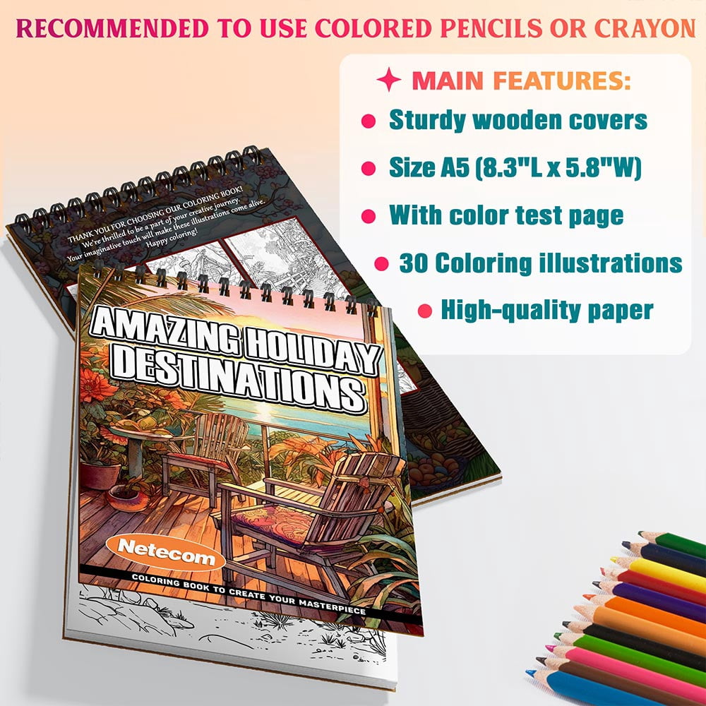 Netecom Amazing Holiday Destinations Coloring Book Spiral Bound for Adults, A5 Wooden Cover, 30 Peaceful Coloring Pages of Natural Landscapes for Stress Relief and Relaxation
