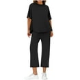 thumbnail image 3 of Feancey Fall Outfits for Women Two Piece Short Sleeve Pullover Tops and Capri Pants Sweatsuits Sets Solid Color Loose Lounge 2 Piece Set Black M, 3 of 10
