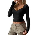thumbnail image 3 of Camisetas de Larga con Cuello en V para Mujer, Top Corto con Doble Forro y Copa con Costura, Tops para Salir Negro M, 3 of 7