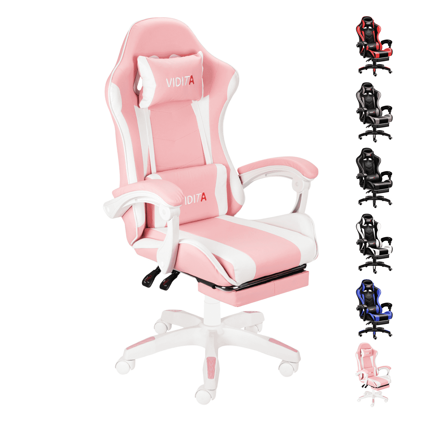 VIDITA Ergonomic Gaming Chair with Footrest, Lumbar Support, Height Adjustable, Headrest, Suitable for Adults, Pink and White